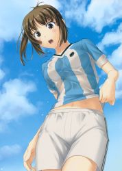 1girl 2006_fifa_world_cup argentina brown_eyes brown_hair enterbrain female_focus kimi_kiss midriff navel non-web_source sakino_asuka shorts soccer solo tanaka_shoutarou world_cup
