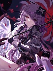 Rule 34 | 1girl, absurdres, black dress, black flower, black gloves, broken mirror, closed mouth, commentary, dress, evernight (honkai: star rail), flower, gloves, hair between eyes, hair flower, hair ornament, highres, holding, holding umbrella, honkai: star rail, honkai (series), light smile, long hair, long sleeves, looking at viewer, march 7th (honkai: star rail), mirror, official alternate costume, partially shaded face, petals, pink hair, red eyes, solo, twitter username, umbrella, upper body, white wrist cuffs, wrist cuffs, yuma (mron 322)