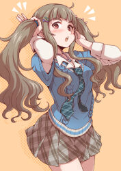 1girl alternate_hairstyle aqua_necktie blue_sweater_vest blunt_bangs blush breasts brown_hair brown_skirt cowboy_shot hair_ornament hair_tie hairclip halftone halftone_background hands_up highres holding holding_own_hair idolmaster idolmaster_cinderella_girls idolmaster_cinderella_girls_starlight_stage jewelry kamiya_nao long_hair long_sleeves looking_at_viewer medium_breasts miniskirt necklace necktie notice_lines open_mouth orange_background plaid_clothes plaid_necktie pleated_skirt polka_dot polka_dot_background red_eyes satomura_kyou school_uniform shirt skirt solo star_(symbol) star_necklace sweater_vest teeth thick_eyebrows twintails upper_teeth_only white_shirt