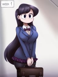 1girl bag black_eyes black_hair black_thighhighs breasts constricted_pupils cowboy_shot grey_background highres jacket komi-san_wa_komyushou_desu komi_shouko large_breasts long_hair long_sleeves metachoke miniskirt no_mouth pleated_skirt school_bag school_uniform simple_background skirt solo standing thighhighs