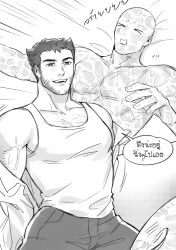 &gt;_&lt; 2boys arm_hair bald bara beard blush boy_on_top chest_hair commentary_request deadpool deadpool_&amp;_wolverine deadpool_(series) dreaming_oor facial_hair highres large_pectorals looking_at_another lying male_focus marvel marvel_cinematic_universe mature_male monochrome multiple_boys muscular muscular_male on_back pants pectorals scar scars_all_over shirt short_hair smirk speech_bubble straddling tank_top too_many translation_request undressing veins veiny_arms wolverine_(x-men) x-men yaoi