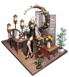 1girl anklet bamboo bangle black_dress black_shoes bracelet breasts chair china_dress chinese_clothes cleavage cleavage_cutout clothing_cutout coffee_table commentary_request cup dress faux_figurine floral_print flower folding_fan grin hair_between_eyes hair_bun hair_flowing_over hair_ornament hand_fan high_heels highres holding holding_fan jewelry lantern long_hair looking_at_viewer medium_breasts original plant plus1024 potted_plant print_dress red_eyes saucer shoes short_sleeves shouji side_slit sliding_doors smile solo table tea teacup teapot thighlet tree twitter_username very_long_hair white_background white_hair wide_shot wooden_chair wooden_floor wooden_table yellow_flower