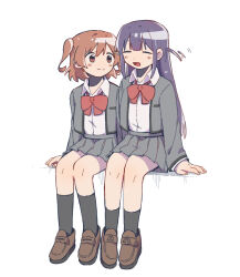 Rule 34 | 2girls, = =, afterimage, aijou karen, arms at sides, black socks, blunt bangs, blush, bow, bowtie, breast pocket, brown eyes, brown hair, brown shoes, chinese commentary, closed eyes, closed mouth, collared shirt, commentary request, crown hair ornament, expressive hair, full body, grey skirt, hair ornament, hairclip, highres, invisible chair, jacket, kneehighs, loafers, long hair, long sleeves, looking at another, looking to the side, miniskirt, motion lines, multiple girls, open clothes, open jacket, open mouth, pleated skirt, pocket, purple hair, raised eyebrows, red bow, red bowtie, rei931218, school uniform, seishou music academy uniform, shirt, shirt tucked in, shoes, short hair, shoujo kageki revue starlight, side-by-side, sidelocks, simple background, sitting, skirt, smile, socks, tsuyuzaki mahiru, two side up, white background, white shirt
