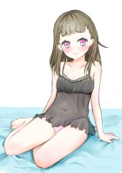 Rule 34 | 1girl, alternate costume, babydoll, bairasu 02, bare shoulders, barefoot, black babydoll, blush, bow, bow panties, breasts, brown hair, center-flap bangs, closed mouth, collarbone, commentary, covered navel, embarrassed, full body, highres, kachimachi kosuzu, link! like! love live!, looking at viewer, love live!, no pants, panties, pink eyes, pink panties, simple background, sitting, small breasts, smile, solo, toes, underwear, virtual youtuber, white background, yokozuwari