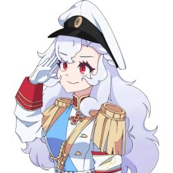 1girl aiguillette alpha_(alpha_1918) armband blue_sash buttons collar cross cross_pendant epaulettes findoworld fluffy fluffy_hair gloves gold_buttons gold_trim hair_ornament lips long_hair looking_at_viewer military military_uniform non-web_source original red_eyes red_sleeve_cuffs russian_empire salute sash sleeve_cuffs smile solo sticker transparent transparent_background very_long_hair white_gloves white_hair