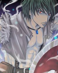 1boy abs aura axe bio_lab closed_mouth commentary_request crop_top frown fur-trimmed_shirt fur_trim green_hair holding holding_axe howard_alt-eisen looking_at_viewer male_focus open_clothes open_shirt purple_background ragnarok_online red_eyes shirt short_hair simpatiaein sleeveless sleeveless_shirt solo upper_body v-shaped_eyebrows whitesmith_(ragnarok_online)