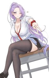 1girl black_skirt breasts brown_thighhighs cleavage closed_mouth clothes_around_waist collared_shirt commission crossed_legs desk dress_shirt highres jacket jacket_around_waist large_breasts loafers long_hair looking_at_viewer miniskirt necktie on_desk one_eye_closed original outstretched_arm ponytail purple_eyes purple_hair scrunchie shirt shoes short_sleeves simple_background sitting skirt smile solo taesseung thighhighs v very_long_hair white_background white_shirt wrist_scrunchie zettai_ryouiki