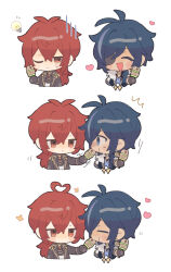 2boys :d ^^^ ^_^ antenna_hair black_coat black_gloves black_necktie black_shirt blue_eyes blue_hair blue_vest blush brooch cleavage_cutout closed_eyes closed_mouth clothing_cutout coat collared_shirt commentary_request crossed_bangs dark-skinned_male dark_skin diluc_(genshin_impact) eyepatch feeding fish_(food) food fur_trim genshin_impact gloves gold_trim grilled_tiger_fish_(genshin_impact) hair_between_eyes hair_intakes hair_over_shoulder hand_up heart heart_antenna_hair holding holding_food idea jewelry kaeya_(genshin_impact) koma_(km_mmmk) lapels light_bulb long_hair long_sleeves looking_at_another low_ponytail male_focus multicolored_hair multiple_boys multiple_views necktie one_eye_closed one_eye_covered open_clothes open_coat open_mouth parted_bangs ponytail red_eyes red_hair shirt short_necktie sidelocks simple_background skewer smile streaked_hair surprised sweatdrop swept_bangs upper_body v-shaped_eyebrows vest white_background wide-eyed