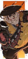 1boy bara barefoot bell black_fur black_pants bracelet chinese_clothes claws commentary english_commentary fangs fighting_stance furry furry_male gamubear highres jewelry jingle_bell looking_at_viewer male_focus multicolored_fur open_mouth pan_yinhu panda_boy pants pawpads round_eyewear shirt smile spiked_bracelet spikes white_fur wok yellow_shirt zenless_zone_zero
