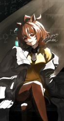 Rule 34 | 1girl, absurdres, agnes tachyon (umamusume), ahoge, black necktie, black shirt, breasts, brown hair, brown pantyhose, chalkboard, chemical structure, coat, collared shirt, commentary request, crossed legs, earrings, hachimii flash, hair between eyes, hand up, highres, holding, holding test tube, huge ahoge, jewelry, lab coat, large breasts, long sleeves, medium hair, necktie, on table, pantyhose, parted lips, shirt, short necktie, signature, simple background, single earring, smile, solo, sweater, table, test tube, umamusume, watermark, white coat, wide sleeves, wolf cut, yellow sweater
