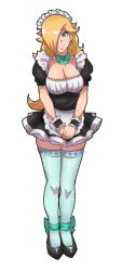 1girl akairiot alternate_costume ankle_ribbon apron bad_id bad_tumblr_id blonde_hair blue_eyes blue_thighhighs breasts cleavage enmaided female_focus full_body glitter hair_over_one_eye highres leg_ribbon long_hair maid maid_apron maid_headdress mario_(series) nintendo ribbon rosalina skirt smile solo sparkle super_mario_bros._1 super_mario_galaxy super_smash_bros. thighhighs transparent_background zettai_ryouiki