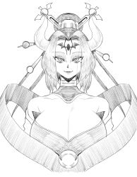 1girl absurdres bags_under_eyes bare_shoulders bat_tattoo breasts cleavage comb demon_girl demon_horns detached_collar digimon digimon_(creature) eyelashes eyeshadow facial_mark forehead_mark greyscale hair_bun hair_ornament hair_stick highres horns large_breasts lilithmon lipstick looking_at_viewer loose_hair_strand makeup mole mole_on_cheek mole_under_eye monochrome off_shoulder short_hair single_hair_bun slit_pupils smile solo tattoo wanderjegson score:4 rating:sensitive Rule 34 | 1girl, absurdres, bags under eyes, bare shoulders, bat tattoo, breasts, cleavage, comb, demon girl, demon horns, detached collar, digimon, digimon (creature), eyelashes, eyeshadow, facial mark, forehead mark, greyscale, hair bun, hair ornament, hair stick, highres, horns, large breasts, lilithmon, lipstick, looking at viewer, loose hair strand, makeup, mole, mole on cheek, mole under eye, monochrome, off shoulder, short hair, single hair bun, slit pupils, smile, solo, tattoo, wanderjegson