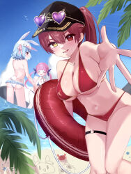 Rule 34 | 3girls, absurdres, animal ears, ass, bikini, bikini skirt, black hat, blue bikini, blue sky, blush, breasts, cloud, eyewear on head, gold necklace, hat, heart, heart-shaped eyewear, heart necklace, heterochromia, highres, holding, holding swim ring, hololive, houshou marine, houshou marine (summer), innertube, jewelry, long hair, medium breasts, microskirt, minato aqua, minato aqua (hololive summer 2019), multicolored hair, multiple girls, navel, necklace, official alternate costume, pink hair, ponytail, rabbit ears, rabbit girl, rabbit tail, red bikini, red eyes, saka x x, short hair, skirt, sky, small breasts, smile, sunglasses, swim ring, swimsuit, tail, two-tone hair, usada pekora, usada pekora (summer), virtual youtuber, wading, water, white bikini, yellow eyes
