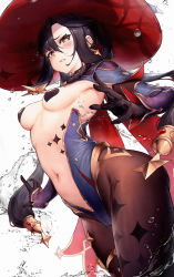 1girl black_gloves black_hair black_pantyhose blush body_markings breasts capelet clothing_cutout cowboy_shot detached_sleeves earrings floating_hair genshin_impact gloves green_eyes hair_ornament hat heart heart-shaped_pupils highres jewelry l_ract long_hair mona_(genshin_impact) navel open_hands panties pantyhose parted_lips pasties revealing_clothes small_breasts solo sparkle_print symbol-shaped_pupils thighlet twintails underwear very_long_hair water water_drop witch_hat