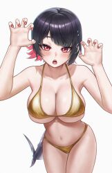 1girl absurdres bare_shoulders bikini black_hair black_tail blush breasts claw_pose cleavage collarbone colored_inner_hair commentary ellen_joe fingernails fins fish_tail hair_ornament hairclip highres large_breasts looking_at_viewer medium_hair mole mole_under_eye multicolored_hair nail_polish navel open_mouth red_eyes red_hair red_nails shark_tail sharp_teeth simple_background solo stomach swimsuit tail teeth thighs tongue two-tone_hair upper_teeth_only wan2 white_background yellow_bikini zenless_zone_zero