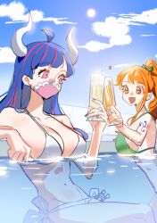 Rule 34 | 2girls, ahoge, bare shoulders, bikini, blue hair, blue sky, breasts, brown eyes, cleavage, cloud, cloudy sky, commentary, cup, drinking glass, feet out of frame, green bikini, halterneck, high ponytail, holding, holding cup, horns, large breasts, long hair, mask, mouth mask, multiple girls, nami (one piece), navel, one piece, open mouth, orange hair, outdoors, partially submerged, pink eyes, ponytail, pool, raine (acke2445), shoulder tattoo, side-tie bikini bottom, single sidelock, sky, stomach, sun, swimsuit, symbol-only commentary, tattoo, toasting (gesture), ulti (one piece), water, white bikini