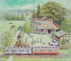 animal ballast bush cloud cloudy_sky cow fine_art_parody flower grass highres koinobori motor_vehicle mountain nihonga original painting_(medium) parody path pickup_truck pink_flower plant pole railroad_tracks road sky tanamachi_yoshihiro traditional_media train tree truck watercolor_(medium) window windsock