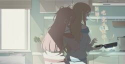 2girls bang_dream! bang_dream!_it&#039;s_mygo!!!!! blue_shirt blush bra_strap brh chihaya_anon chinese_commentary chinese_text closed_eyes commentary_request couple fire highres holding_pan hug hug_from_behind indoors kitchen long_hair long_sleeves messy_hair multiple_girls nagasaki_soyo open_mouth pajamas pink_hair shirt sidelocks strap_slip translation_request white_shirt window yuri