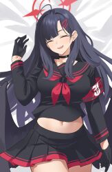 Rule 34 | 1girl, absurdres, ahoge, armband, black gloves, black hair, black shirt, black skirt, blue archive, breasts, closed eyes, commission, cowboy shot, dakimakura (medium), facing viewer, gloves, halo, highres, ichika (blue archive), large breasts, long hair, low wings, midriff, midriff peek, navel, on bed, pinepin, sailor collar, school uniform, serafuku, shirt, skirt, solo, very long hair, wings