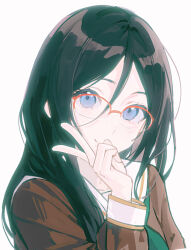 1girl black_hair bloom blue_eyes brown_shirt closed_mouth glasses green_neckerchief hair_between_eyes hand_up hibike!_euphonium highres kitauji_high_school_uniform linbeiyx long_hair long_hair_between_eyes long_sleeves looking_at_viewer neckerchief parted_bangs portrait red-framed_eyewear sailor_collar sailor_shirt school_uniform shirt simple_background sleeve_cuffs smile solo split_mouth straight_hair tanaka_asuka v white_background white_sailor_collar white_sleeve_cuffs winter_uniform