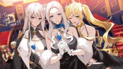 6+girls alcohol amazuki_jou armlet azur_lane backless_dress backless_outfit bare_shoulders belfast_(azur_lane) belfast_(the_noble_attendant)_(azur_lane) belt black_shorts blonde_hair blue_eyes blue_scarf blurry blurry_background breasts brown_hair center_opening champagne champagne_flute cleavage cleavage_cutout clothing_cutout cocktail_dress crown cup dark-skinned_female dark_skin dress dress_straps drinking_glass enterprise_(azur_lane) enterprise_(heroic_finery)_(azur_lane) evening_gown facial_mark feather_hair_ornament feathers forehead_mark fur_shawl gloves green_eyes hair_ornament halter_dress halterneck high_ponytail highres hornet_(azur_lane) hornet_(bubbly_anniversary!)_(azur_lane) indoors jean_bart_(azur_lane) jean_bart_(uninhibited_bloodstone)_(azur_lane) jewelry large_breasts long_dress long_hair looking_at_viewer massachusetts_(azur_lane) massachusetts_(dressed_to_impress)_(azur_lane) mini_crown multiple_belts multiple_girls necklace official_alternate_costume open_mouth painting_(object) ponytail purple_eyes queen_elizabeth_(azur_lane) queen_elizabeth_(the_queen&#039;s_ball)_(azur_lane) red_eyes scarf shawl short_shorts shorts sleeveless sleeveless_dress smile stairs standing translation_request twintails white_dress white_gloves white_hair yellow_scarf yorktown_(azur_lane) yorktown_(evening_i_can&#039;t_remember)_(azur_lane)
