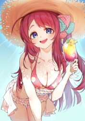 1girl :d absurdres armpit_crease bare_arms bare_shoulders bikini blue_eyes blush bow breasts cleavage cocktail collarbone commentary commission cup dappled_sunlight drinking_glass floral_print_bikini food frilled_bikini frills fruit hair_ornament hanging_breasts hat highres kghazir leaning_forward lemon lemon_slice light_blush long_hair looking_at_viewer medium_breasts minamoto_sakura open_mouth polka_dot polka_dot_bow red_hair side_ponytail smile solo straw_hat sunlight swimsuit teeth thigh_gap upper_teeth_only wet zombie_land_saga