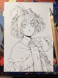 :o absurdres ahoge art_tools_in_frame bai_wuya_bu_he_naicha_yo bow collared_dress dress flutterpage hair_bow hand_up highres lineart long_sleeves looking_up multiple_hair_bows nib_pen_(medium) nib_pen_(object) pen pen_(medium) photoshop_(medium) reverse:1999 scarf short_hair traditional_media