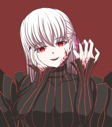 1girl black_dress body_markings breasts corruption dark_persona dark_sakura dress fate/stay_night fate_(series) hair_ribbon hand_on_own_face heaven&#039;s_feel highres large_breasts long_hair long_sleeves looking_at_viewer matou_sakura portrait red_background red_eyes red_ribbon ribbon saishuumusou smile solo striped_clothes white_hair
