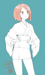 Rule 34 | 1girl, :t, ahoge, annoyed, aqua background, araragi tsukihi, artist name, blush, bob cut, breasts, commentary, cowboy shot, egg hair ornament, food-themed hair ornament, fried egg, furisode sleeves, hair ornament, hands on own hips, highres, japanese clothes, kikumaru bunta, kimono, looking afar, looking to the side, monogatari (series), obi, partially colored, pout, sash, short hair, short kimono, signature, simple background, small breasts, solo, speech bubble, standing, swept bangs, translated, wide sleeves