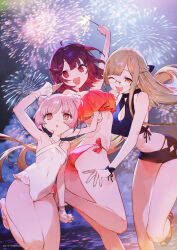 Rule 34 | 3girls, :d, ;d, aerial fireworks, ahoge, arm up, bikini, black bikini, braid, breasts, brown hair, cleavage cutout, clothing cutout, copyright notice, corneria (atelier), covered navel, earrings, fireworks, glasses, highres, holding, holding fireworks, jewelry, long hair, looking at viewer, medium breasts, monika ellmenreich, multiple girls, navel, noco (adamas), official art, one-piece swimsuit, one eye closed, open mouth, orange eyes, pink eyes, pink hair, red bikini, red eyes, red hair, short hair, side-tie bikini bottom, small breasts, smile, sophie neuenmuller, sparkler, swimsuit, white one-piece swimsuit