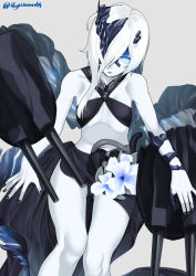 Rule 34 | 1girl, abyssal ship, bikini, black bikini, black nails, black sarong, blue flower, breasts, colored skin, flower, glowing, glowing eye, grey background, hair over one eye, ifuji shinsen, kantai collection, long hair, looking at viewer, nail polish, ne-class heavy cruiser, pale skin, parted lips, sarong, ship turret, simple background, small breasts, solo, swimsuit, twitter username, white flower, white hair, white skin