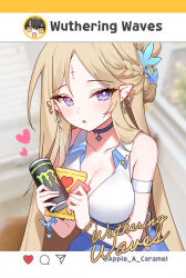 Rule 34 | 1girl, alternate costume, apple caramel, bare shoulders, black choker, blonde hair, blue eyes, blue skirt, blurry, blurry background, blush, bracelet, breasts, can, cartethyia (wuthering waves), choker, cleavage, collarbone, collared shirt, commentary, copyright name, drink can, earrings, english commentary, hair ornament, heart, holding, holding can, jewelry, large breasts, long hair, looking at viewer, monster energy, parted lips, pointy ears, rover (wuthering waves), shirt, sidelocks, skirt, solo, tacet mark (wuthering waves), twitter username, very long hair, white shirt, wuthering waves