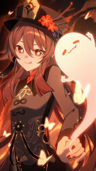 1girl black_hat boo_tao_(genshin_impact) brown_hair brown_nails closed_mouth commentary fingernails flower flower-shaped_pupils genshin_impact ghost hat hat_flower highres hu_tao_(genshin_impact) long_hair red_eyes smile so_zei_tama_tama symbol-shaped_pupils tongue tongue_out
