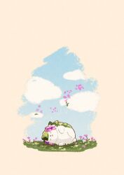 animal_focus artist_name blue_sky cloud commentary_request flower gen_4_pokemon highres legendary_pokemon lying mythical_pokemon nintendo no_humans on_grass on_side pokemon pokemon_(creature) shaymin shaymin_(land) simple_background sky sleeping twitter_username white_background zozozoshion