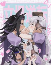 2girls animal_ears black_hair black_hat blush chisanchisyo3 clenched_teeth colored_inner_hair commentary_request ear_covers ears_down ears_through_headwear eye_contact face-to-face fenomeno_(umamusume) flipped_hair gold_ship_(umamusume) grey_hair grey_tail grid_background hand_on_another&#039;s_head hand_on_another&#039;s_mouth hand_up hat heart heart_tail highres horse_ears horse_girl horseshoe_hat_ornament horseshoe_ornament long_hair looking_at_another multicolored_hair multiple_girls no no_(gesture) own_hands_clasped own_hands_together parted_bangs peaked_cap pillbox_hat puckered_lips puffy_short_sleeves puffy_sleeves purple_hair purple_shirt rejected_kiss reversible_couple sailor_collar sailor_shirt school_uniform shirt short_sleeves summer_uniform sweat tail teeth tracen_school_uniform umamusume upper_body yuri