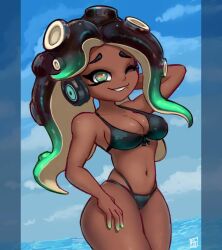 1girl bikini blue_sky breasts cloud dark-skinned_female dark_skin green_eyes headphones i_alext_i large_breasts marina_(splatoon) nintendo one_eye_closed sky splatoon_(series) swimsuit tentacle_hair water wide_hips