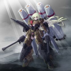 1girl absurdres armor autocannon banshee_(last_origin) beam_rifle breasts camouflage cannon catastrophe_(catastroph13797) closed_mouth clothing_cutout crossover energy_gun green_hair groin groin_tendon gun gundam gundam_battle_operation_2 gundam_unicorn hair_between_eyes highres holding holding_gun holding_weapon huge_breasts last_origin light_rays long_hair looking_at_viewer mecha_musume missile mountain overcast power_armor prototype_stark_jegan red_eyes science_fiction sky solo thighs thrusters underboob underboob_cutout vernier_thrusters weapon