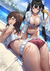2girls absurdres alternate_costume applying_sunscreen ass back bikini bikini_skirt black_hair blue_eyes blunt_bangs breasts brown_hair cameltoe cleavage commission dungeon_ni_deai_wo_motomeru_no_wa_machigatteiru_darou_ka dutch_angle from_behind gluteal_fold hestia_(danmachi) highres large_breasts liliruca_arde long_hair looking_back lotion lying multiple_girls on_stomach open_clothes open_shirt outdoors pixiv_commission poolside sayaka_ikku shirt smile sunscreen swimsuit tanning_oil tied_shirt twintails very_long_hair