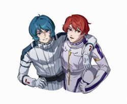 2boys :d ahoge arm_around_shoulder belt belt_pouch black_belt blue_eyes blue_hair bodysuit chinese_commentary commentary_request cropped_torso double-parted_bangs erhuazi917 flipped_sidelocks gloves grin gundam gundam_hathaway&#039;s_flash hair_between_eyes hand_on_own_hip helmet highres holding holding_helmet kamille_bidan lane_aim long_sleeves looking_at_viewer looking_to_the_side male_focus mecha_pilot_suit multiple_boys normal_suit_(gundam) open_mouth pilot_helmet pouch red_eyes red_hair science_fiction short_hair sidelocks simple_background smile spacesuit teeth unworn_headwear unworn_helmet upper_body white_background white_bodysuit white_gloves zeta_gundam