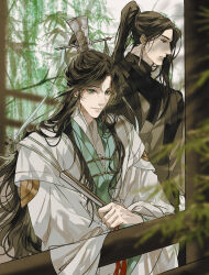 2boys bamboo bamboo_forest bamboo_leaf bishounen black_eyes black_hair black_hanfu blurry blurry_foreground chinese_clothes closed_mouth day depth_of_field earrings folded_fan folding_fan forest green_eyes green_ribbon green_trim hand_fan hanfu high_ponytail highres holding holding_fan huadian jewelry long_hair long_sleeves looking_at_viewer male_focus ming_yi multiple_boys nature parted_bangs ponytail railing ribbon ribboned_xiao_guan robe ronpu_cooing shi_qingxuan sidelocks sideways_glance smile standing tianguan_cifu topknot upper_body very_long_hair white_hanfu wide_sleeves window xiao_guan_(headdress)
