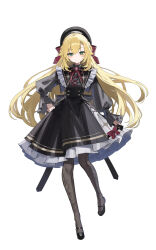 1boy beret black_dress black_pantyhose blonde_hair bow buttons closed_mouth collar collared_dress double-breasted dress floating_hair floral_print frilled_collar frilled_dress frills full_body fuubuu green_eyes hair_between_eyes hair_flaps hand_on_own_hip hat hat_bow highres juliet_sleeves long_hair long_sleeves looking_at_viewer male_focus mary_janes nijisanji official_alternate_costume official_alternate_hairstyle pantyhose print_pantyhose puffy_long_sleeves puffy_sleeves rose_print shoes simple_background solo trap uzuki_kou uzuki_kou_(4th_costume) virtual_youtuber white_background