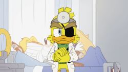 1girl 2boys animated animated_gif antoine_d&#039;coolette bandage_on_face bandages bed blue_eyes bunnie_rabbot dab_(dance) doctor doctor_quack_(sonic) eyepatch hospital_bed joeadok lab_coat multiple_boys ring_(sonic) sonic_(series) sonic_the_hedgehog_(archie_comics)
