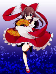 1girl bad_id bad_pixiv_id bow brown_eyes brown_hair dancing detached_sleeves dress dual_wielding female_focus full_body gradient_background hair_bow hair_tubes hakurei_reimu hand_fan holding ica japanese_clothes leaf maple_leaf miko red_dress smile solo standing standing_on_one_leg touhou