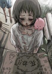 1girl black_hair blood bruise bullying carbolic20 desk highres injury kuze_shizuka nosebleed octopus school_desk short_hair takopii_no_genzai