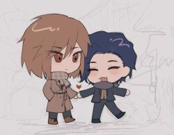 Rule 34 | 2boys, alternate costume, black jacket, black pants, black shoes, blue hair, blush, boots, brown boots, brown coat, brown eyes, brown hair, brown vest, buttons, chibi, chibi only, chinese commentary, closed eyes, closed mouth, coat, commentary request, expressionless, eyes visible through hair, grey background, grey scarf, hair between eyes, hand in pocket, harada mutei, heart, height difference, jacket, kaze (yznyttdgs), lapels, long sleeves, male focus, medium hair, multiple boys, notched lapels, open mouth, pants, plaid clothes, plaid scarf, saibou shinkyoku, scarf, shoes, short hair, smile, trench coat, tsurime, unfinished, utsugi rangiri, vest