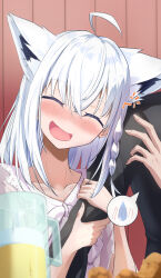 1girl absurdres ahoge animal_ear_fluff animal_ears arm_hug beer_mug black_shirt blush braid closed_eyes collarbone commentary_request cup drunk extra_ears facing_viewer fox_ears fox_girl fox_tail hair_between_eyes highres hololive indoors kirimoya long_hair mug open_mouth shirakami_fubuki shirakami_fubuki_(street) shirt sidelocks single_braid spoken_blush spoken_sweatdrop squeans sweatdrop tail virtual_youtuber white_hair white_shirt