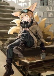 1girl absurdres alternate_costume animal_ear_fluff animal_ears arknights auguste black_boots black_gloves black_pants blonde_hair boots brown_boots brown_jacket cup dirty dirty_face extra_ears fingerless_gloves flower food fox_ears fox_girl fox_tail gloves goggles goggles_on_head green_eyes highres holding jacket kitsune knee_up kyuubi lily_of_the_valley long_sleeves mask multiple_tails official_alternate_costume outdoors pants scenery sitting solo stairs suzuran_(arknights) tail
