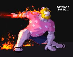 1boy angry animal_ears artist_name asgore_dreemurr bara beard blonde_hair blue_shorts burning commentary deltarune english_commentary facial_hair fangs fire floppy_ears floral_print furry furry_male goat_ears goat_horns hennryk highres horns looking_to_the_side male_focus materializing open_mouth pink_shirt shirt shorts undertale white_fur