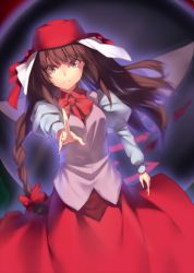 Rule 34 | 1girl, bow, braid, brown eyes, brown hair, evil eye sigma, ex-rika, hat, kaiza (rider000), looking at viewer, one-eyed, rika (touhou), shirt, skirt, torn clothes, touhou, touhou (pc-98)
