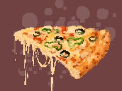 bell_pepper cheese cheese_trail food food_focus green_bell_pepper highres hisachan55cute no_humans olive original pixel_art pizza red_background scenery simple_background steaming_food